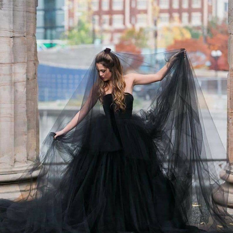 FakeFace 15 ft Long Black Veil Halloween Costume Witch Cosplay Party Veil Soft Tulle Lace Bridal Veils Cathedral Wedding Veil Headband Dress Up Props (Black, 15 ft long) - Image 5